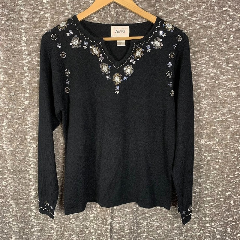 Vintage Jenny Black Beaded‎ Pullover Sweater Glam Preppy Women's Small